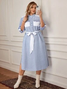Rosumi Robe décontractée à rayures avec fente latérale, grande taille, automne - Bleu azur - Voir 5