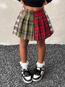 Coolane Kids Tween Girls Fall/Winter Streetwear/Chic/Cute/Plaid/Essentials Pleated Mini Casual Skirt,Parent-Child Clothing,Halloween ,Christmas,New Year,Party,Elegant,Plaid Skirt ,Red Skirt - Multicolor - View 3