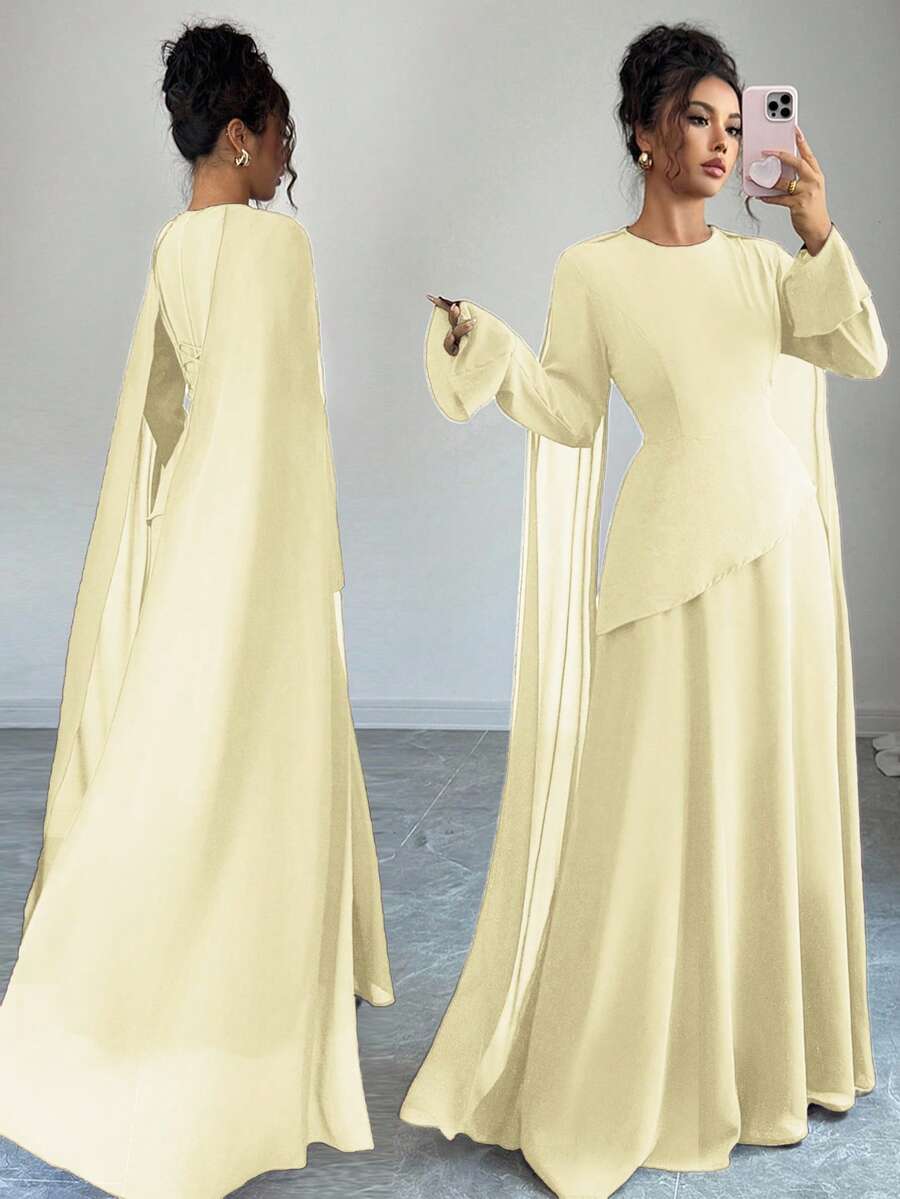 Selianne Váy kiểu Pháp cổ điển thanh lịch phong cách Trung Đông dành cho nữ, có thân áo nhiều lớp với eo thắt có thể điều chỉnh, chân váy xòe có viền voan, tay dài xòe và chi tiết xếp nếp vai, thích hợp cho các bữa tiệc và dịp trang trọng, có sẵn vào mùa thu/đông - Vàng nhạt - Xem 1