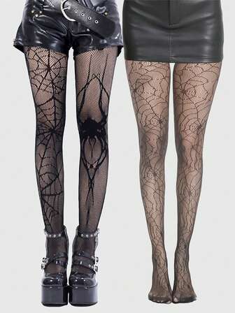 Goth 2 Pairs Spider & Bat Design Fishnet Pantyhose, Halloween