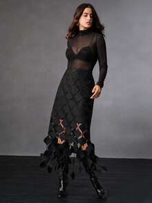 Anewsta 女款新款黑色爱心蕾丝流苏裙优雅欧美街头风适合冬季 - 黑色 - 查看 4