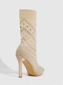 CUCCOO SZL Women's Pointed Toe High Heel Elastic Rhinestone Socks Boots - Apricot - View 4