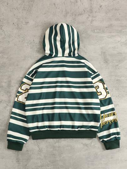 Street Life Sudadera con capucha casual de manga larga con cremallera y rayas con letras para hombre