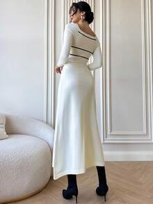 Firerie Damen Neues elegantes, sexy, schlankes Zugband A-Linien Maxikleid mit quadratischem Kragen, Kontrastfarbenes Pulloverkleid, tailliertes A-Linien Kleid, Frühling Herbst Winter Bekleidung, geeignet für elegant, Lässig, Büro, Alltag, Date, Urlaub - Aprikosenfarben - Übersicht 4