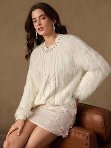 Anewsta Women's Elegant French Style Rhinestone Embellished Loose Fit Flattering Soft Sweater, Versatile & Age-Reducing, Winter Sweater, Christmas Sweater, White