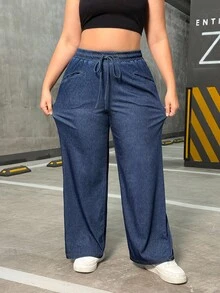 Flexra Celana Jeans Kasual Longgar Kaki Lebar dengan Tali Serut Pinggang untuk Wanita Ukuran Plus - Biru - View 3