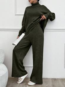 SHEIN Tall 2pcs High Neck Drop Shoulder Sweater And Ribbed Solid Color Sweater Pants - Army Green - View 5