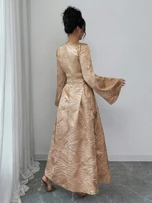 Yasmyna 女士秋冬黄色提花连衣裙，侧系腰带，适合外出 - 黃色 - 查看 2