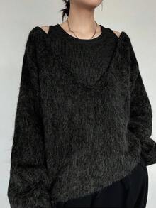 FRIFUL 女士二合一拼接宽松露肩加厚保暖套头衫，秋季 - 黑色 - 查看 3