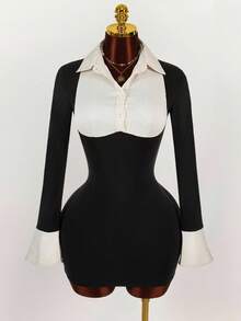 Amplova 女士休闲简约百搭修身长袖迷你连衣裙 - 彩色 - 查看 3