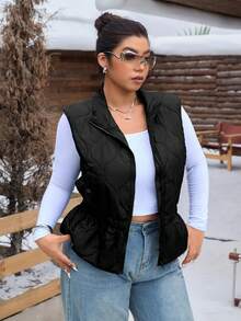 Comfortcana Plus Size Women's Black Waist-Cinching Versatile Fashion Vest Padded Coat, Autumn/Winter - Black - View 3