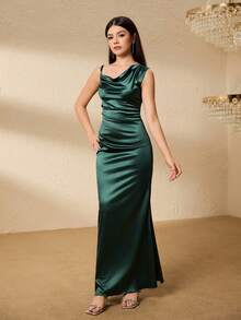 Teenage Black & Green Swing Neck Fitted Dress, Satin Fabric Party Dress - Green - View 5