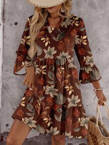 EMERY ROSE Casual Retro Floral & Maple Leaf Pattern Women Short Dress, Suitable For Spring, Early Autumn - Multicolor - View 4
