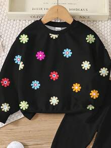 SHEIN Leap Crew 2 件套青少年女孩休闲花卉印花圆领长袖运动衫和紧身裤套装，适合秋冬季