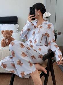 女士休闲可爱小熊印花长袖上衣和裤子睡衣套装，秋冬服装 - 彩色 - 查看 1