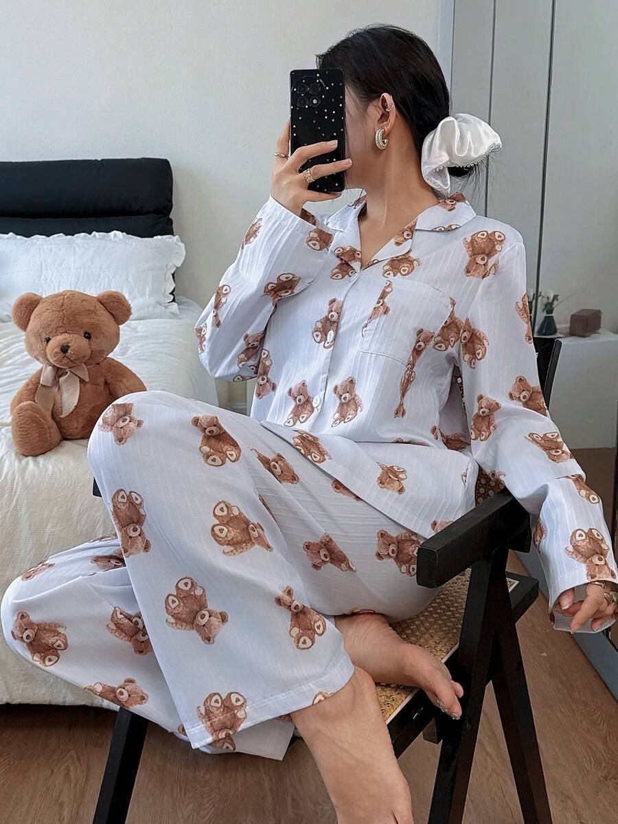 女士休闲可爱小熊印花长袖上衣和裤子睡衣套装，秋冬服装 - 彩色 - 查看 1