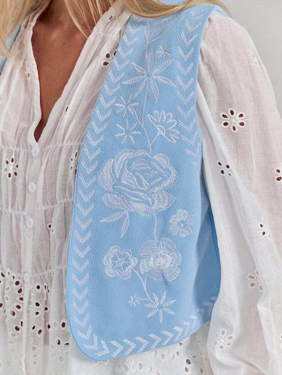 SHEIN Forever 21 秋季女式花卉刺绣马甲 - 藍色 - 查看 1