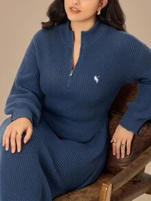 Juhart 大码女式纯色针织连衣裙，带海马图案，休闲毛衣裙，适合圣诞节、万圣节、返校季 - 寶藍色 - 查看 6