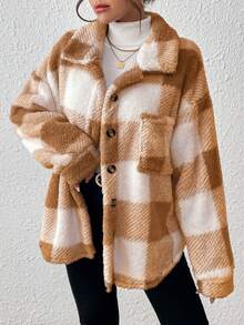 INAWLY 女士秋冬时尚通勤格子常规夹克 - 駝色 - 查看 5