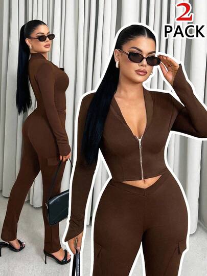 Sirith 女式纯色前拉链长袖短款上衣和工装口袋裤休闲套装，秋季