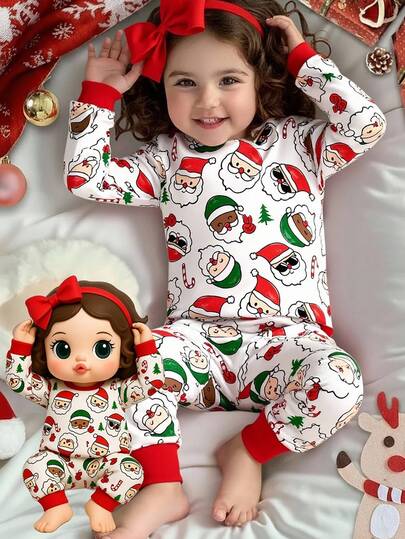 2pcs/Set Young Girl/Baby Red Cartoon Christmas Themed Casual Thermal Lined Snug Fit Long Sleeve Crew Neck Top And Pants Loungewear, Suitable For Autumn/Winter Suitable For Autumn/Winter Machine Christmas Pijamas For Girl And Boy Kids Christmas Clothes Christmas Pajamas Kids Christmas Pajama Gingerbread Pajamas Pink Pajamas, Santa Claus, Christmas Tree, Deer, Red Pajamas, Sister Baby Girl Christmas Pajama Machine Christmas Pijamas For Girl And Boy