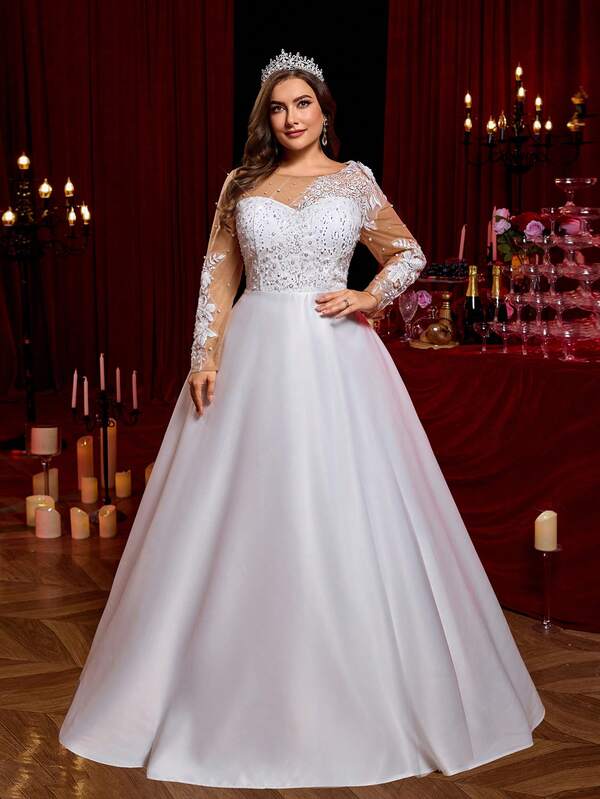Glamrae Plus Size Elegant Romantic White Boat Neck Sheer Long Sleeve Embellished Sequins Luxury Sequin Patchwork A-Line Wedding Dress