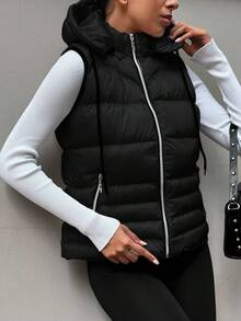 RueChic Zip Up Hooded Puffer Vest Coat - Black - View 3