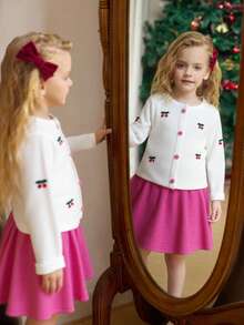 Conjunto de cardigan de manga larga y falda de punto con diseño de cerezas lindas para niñas, color magenta