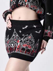 ROMWE Gothic Palace Castle Church Pattern Knitted Bodycon Mini Skirt - Black - View 4