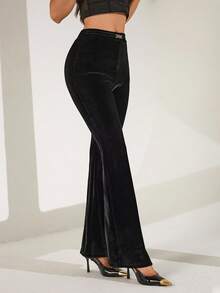 Almamuse Women's Velvet Fabric Flared Skinny Casual Elegant Sexy Pants - Black - View 5