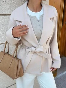 SHEIN Unity Women's Autumn/Winter Casual Fashion Tie-Waist Lapel Overcoat - Apricot - View 4