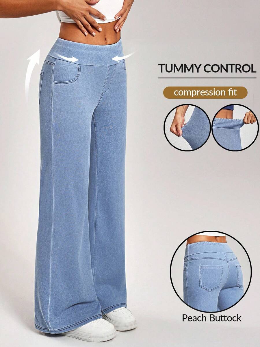 Flexra 女式松紧腰口袋阔腿宽松休闲牛仔裤 - 藍色 - 查看 1