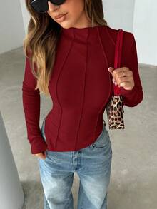 Siren Gaze Women's Round Neck Long Sleeve T-Shirt Christmas Winter New Year Red Burgundy Casual Spring Valentine's Day - Burgundy - View 5