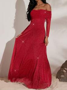 Opulessa Vestido elegante de manga larga con hombros descubiertos, plisado y de unicolor - Burdeos - Ver 5