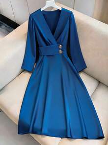 Franclia Đầm midi tay dài dáng rộng thanh lịch, cao cấp, trang trọng, dự tiệc cưới, dự tiệc, đi làm, công sở, cỡ lớn, chất liệu satin cổ chữ V, thắt lưng kim loại, viền bất đối xứng - Màu xanh lam - Xem 6