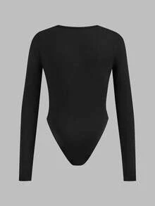 Girlism Tween Girl Knit Black & White Printed Pattern Crew Neck Long Sleeve Bodysuit - Black and White - View 2