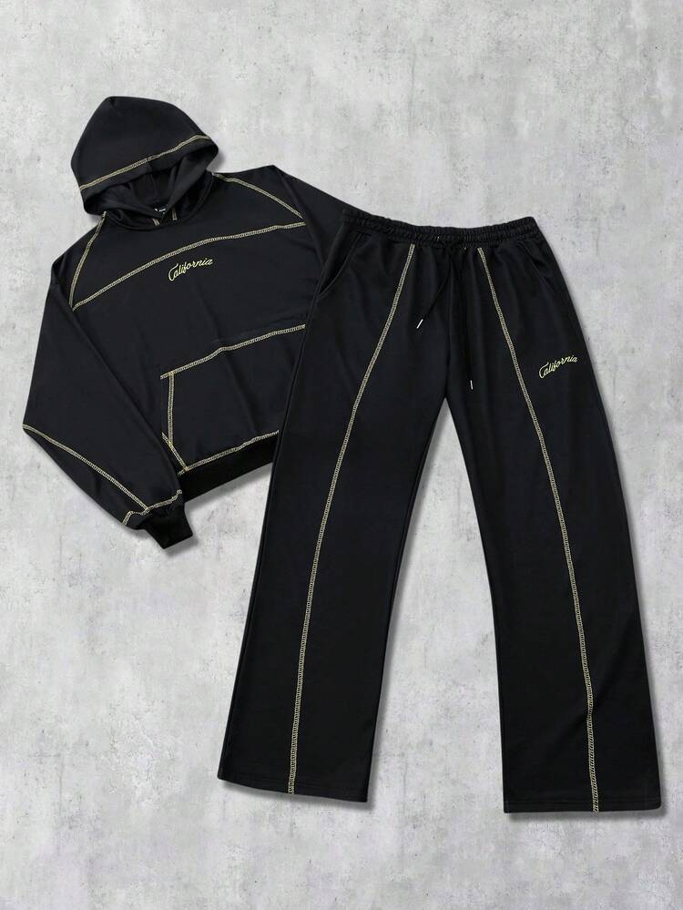 ROMWE MEN 2pcs Men's Hooded Sweatshirt Set With Sweatpants, Suitable For Casual Wear In Autumn/Winter - Black - View 3