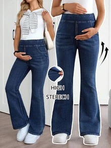 SHEIN 孕妇高腰纯蓝色休闲百搭牛仔裤 - 藍色 - 查看 7