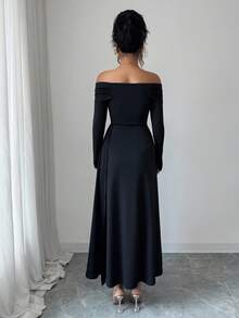 Lyxana Women's 2025 Autumn/Winter New Elegant Garden Party Pearl Decor Long Sleeve Waist Cinched Maxi Dress - Black - View 2