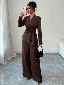 SHEIN Elenzya 女式咖啡棕色双层弹力 V 领裹胸系带腰部设计优雅职业装，适合工作、万圣节、办公室、秋季 2 件套：长袖系带上衣和宽松直筒裤 - 咖啡棕 - 查看 7