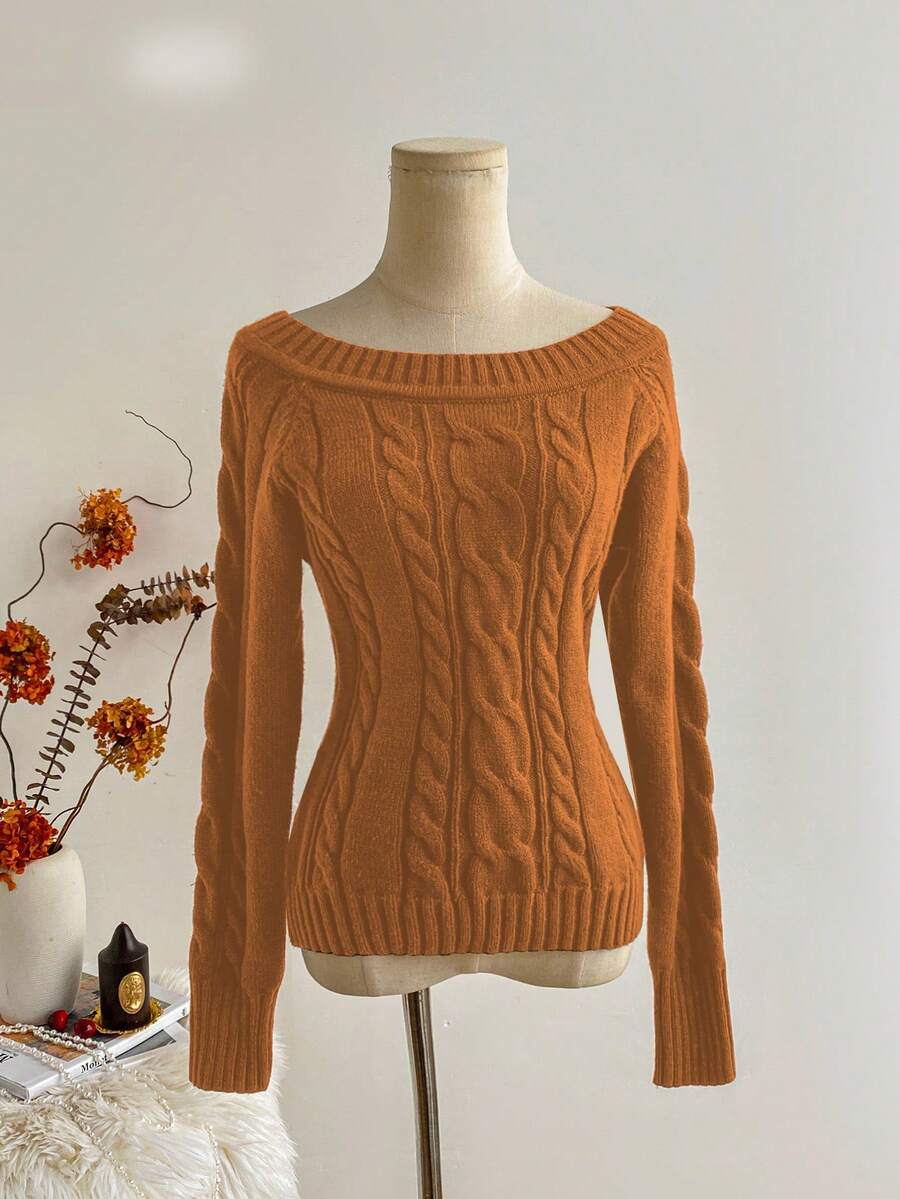 SHEIN LUNE Minimalistyczny, szykowny, damski sweter z dzianiny kablowej w kolorze brązowym, z odkrytymi ramionami i długim rękawem, jesień/zima - Pomarańczowy - Zobacz 1