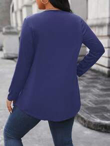 EMERY ROSE Women's Plus Size Striped Splice Asymmetrical Hem 2 In 1 T-Shirt Graphic Tees Women Tops - Navy Blue - View 2