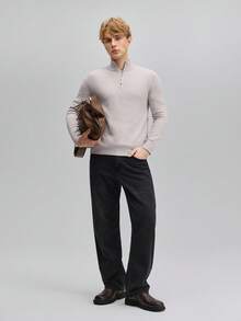 OFFICEAU Men's Casual Solid Color Stand Collar Zip-Up Sweater, Versatile & Minimalist - Light Grey - View 7