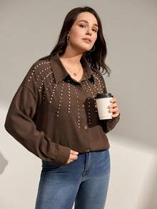 Momelise Plus Size Solid Color Bubble Bead & Rhinestone Embellished Business Casual Party Jacket, Autumn/Winter - Brown - View 5