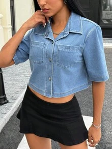 Flexra 女式休闲水洗口袋前扣短袖牛仔夹克，夏季 - 深色水洗藍 - 查看 3