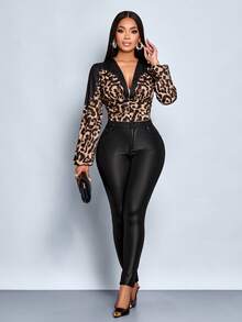 SOLERSUN 秋冬女装，休闲日常，优雅通勤，黑色/棕色搭配黑色渐变豹纹，深V领，收肩，灯笼袖，长袖，高腰，后背褶皱，衬衫式上衣 - 棕色 - 查看 3