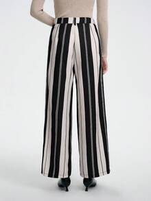 SHEIN LUNE Women's Elegant, Fashionable, Comfortable, Charming Vintage Minimalist Striped Straight Loose Casual Pants - Black - View 2