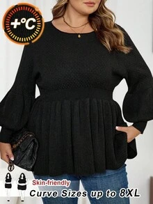 SHEIN CURVE+ Plus-Size Simple Black Long-Sleeved Fitted Waist A-Line Round Neck Sweater For Women In Fall/Winter - Black - View 8