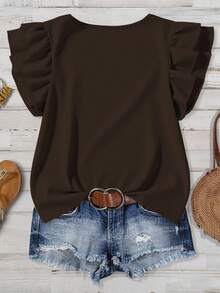 EMERY ROSE Plus Size Summer Casual Solid Color Ruffle Trim Shirt - Brown - View 4