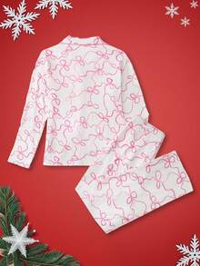 Mischievous Teen Girl Lapel Collar Long Sleeve Top & Pants Pajama Set, Comfortable Sleepwear, Christmas